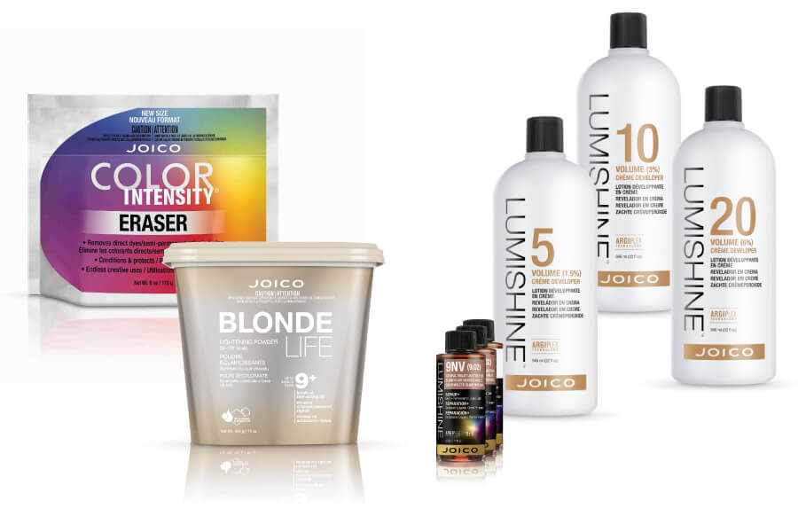 Lumishine developer and color bottles, Blonde Life lightener tub, and Color Intensity Eraser bag