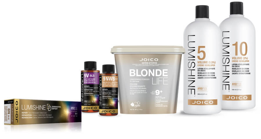 LumiShine developer bottles, Blonde Life lightener tub, and Lumishine liquid and creme color tube and bottle