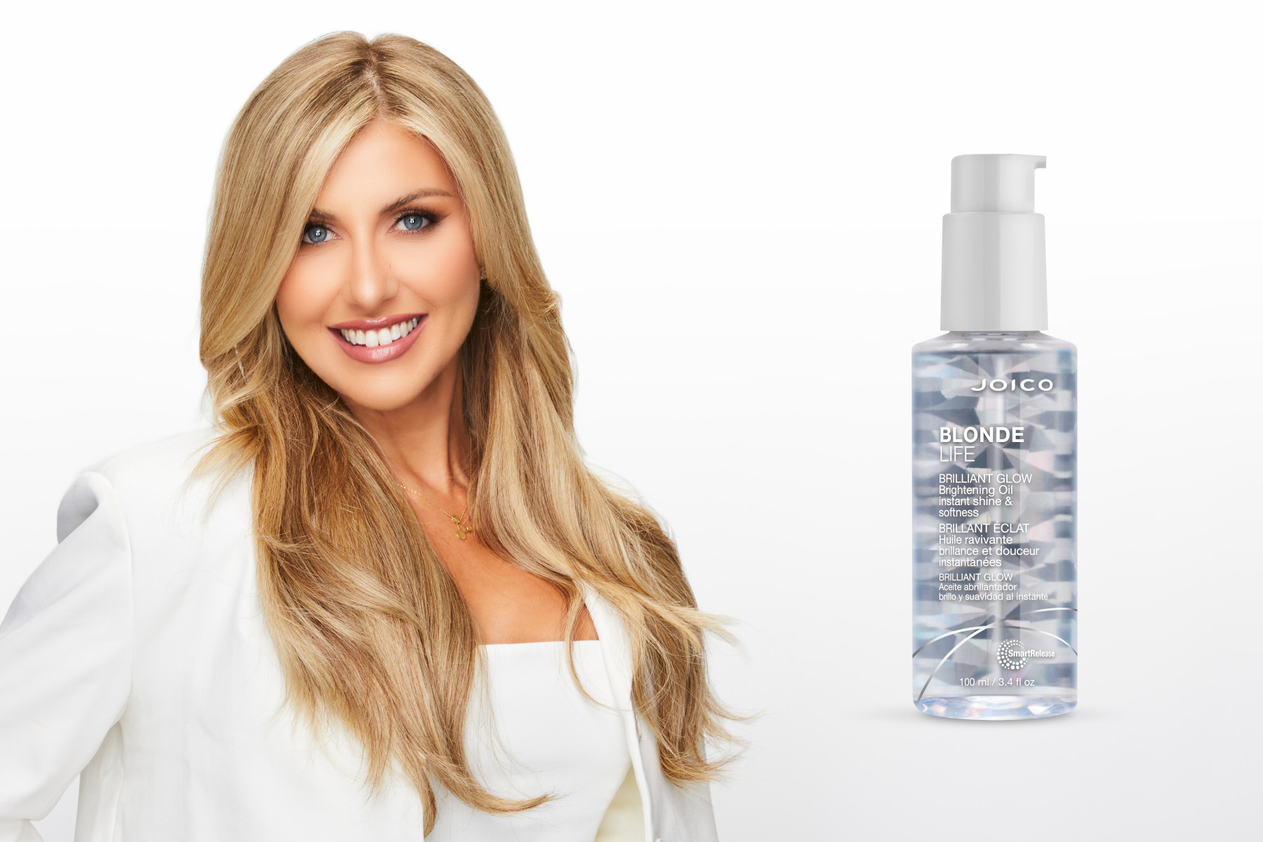 blonde life brightening oil and model