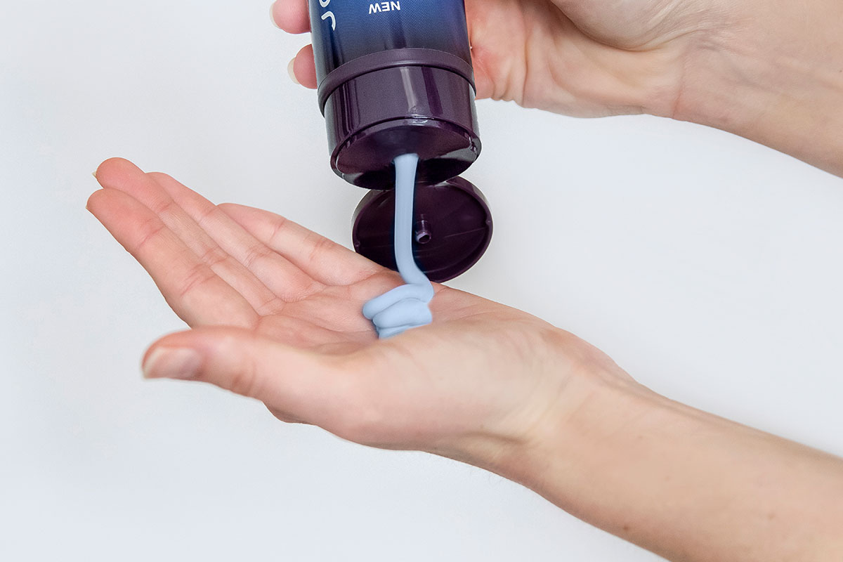 Color Balance Blue conditioner in hand