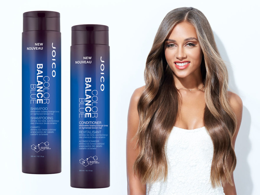 Color Balance Blue shampoo and conditioner with model