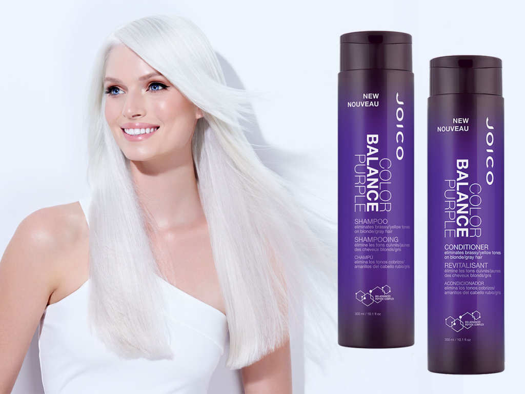 Color Balance purple shampoo and conditioner with model