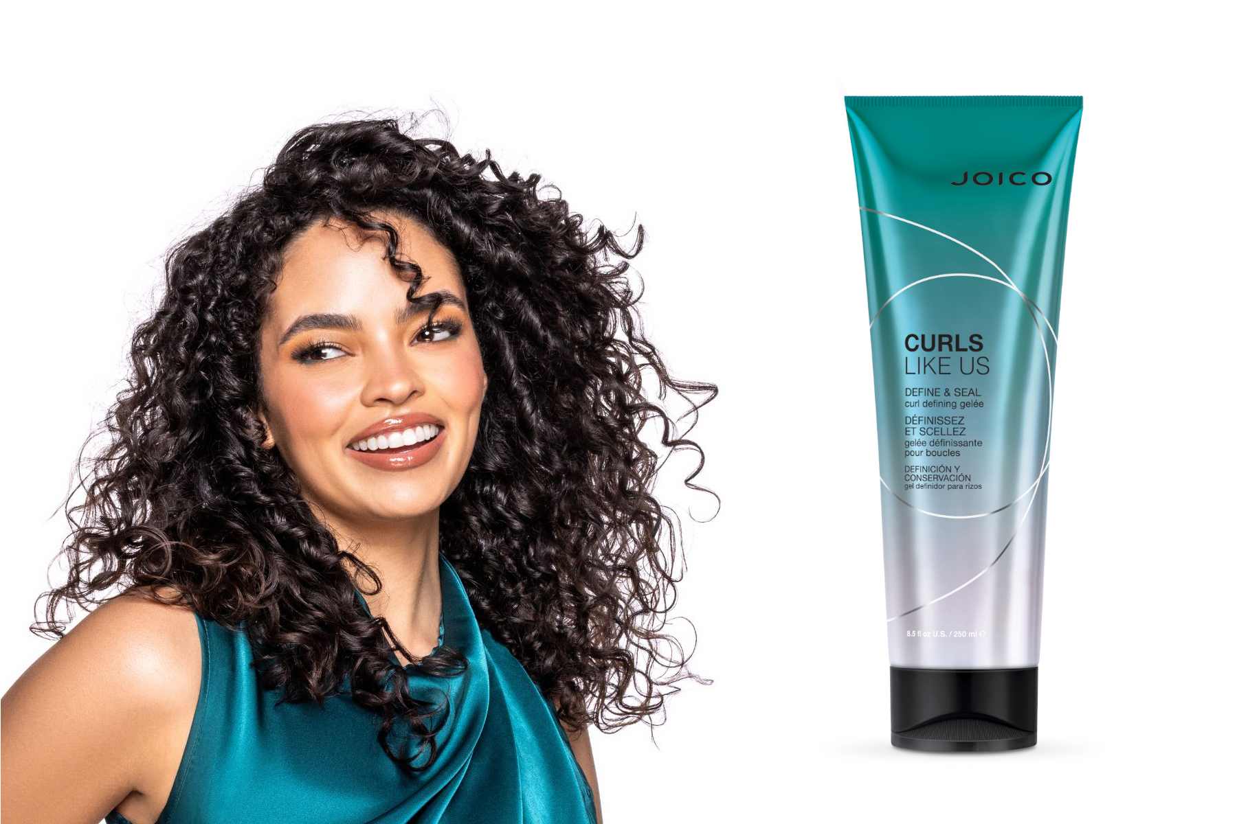 model next to curls like us define and seal gel tube