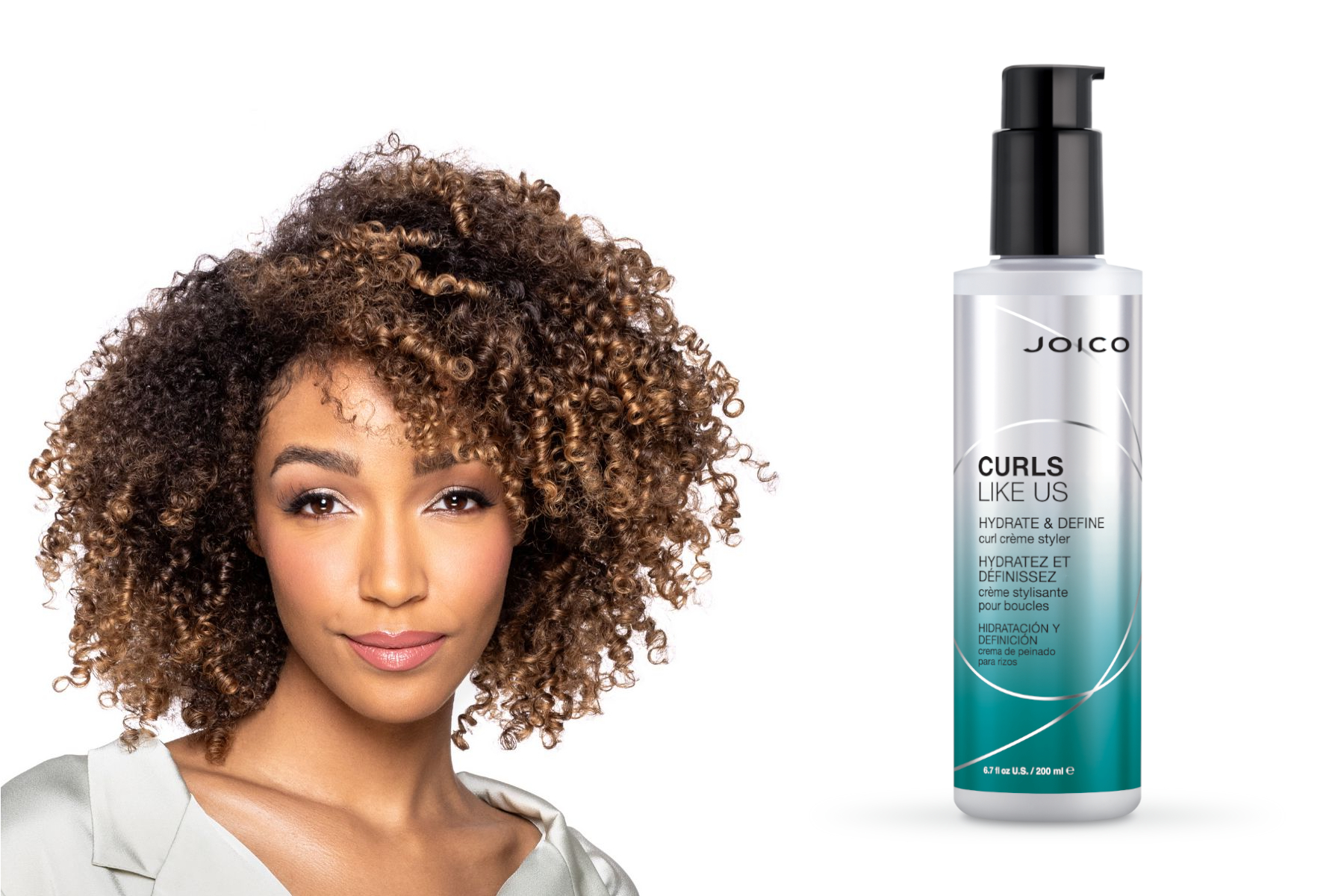model next to curls like us hydrate and define styler bottle